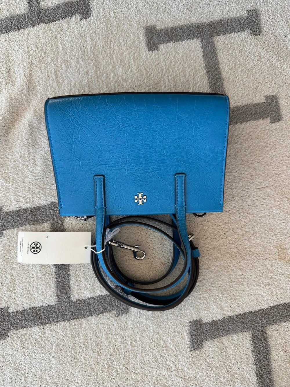 Tory Burch Bright Blue Leather Satchel with Gold Logo